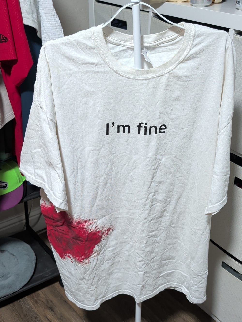 Gildan Cream Graphic Tee with Red Accent - "I'm fine" - Halloween With Knife